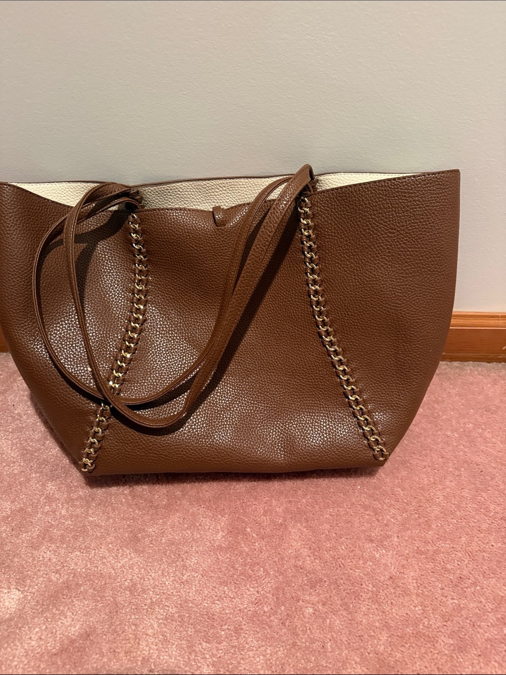 BCBG Classic Brown Pebbled Leather Tote with Gold Chain Detail